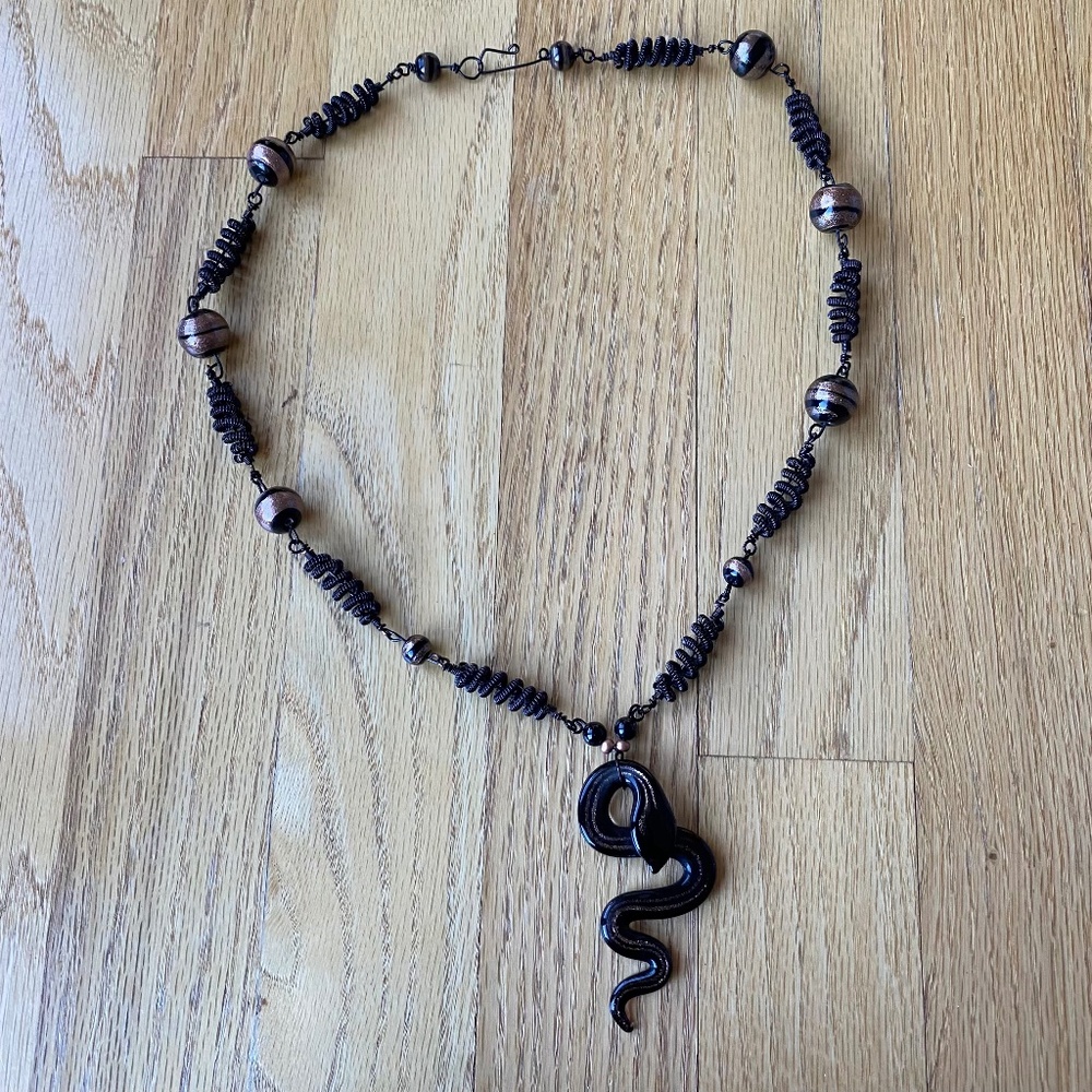 Black and Bronze Beaded & Metal Snake Necklace